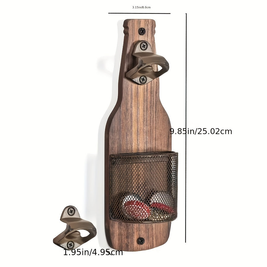 Wooden Bottle Opener Wall Mounted with Metal Cap Catcher – Handcrafted Rustic Beer Opener, Freestanding or Wall Mount, Holida