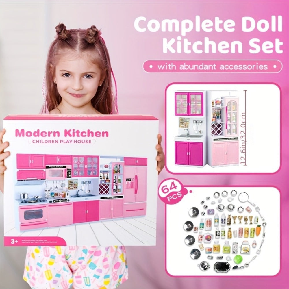 Pink Kitchen Toy Set 64pcs with Lights & Sounds, Mini Furniture Doll Playset for Girls, Pretend Play Kitchen Accessories — im