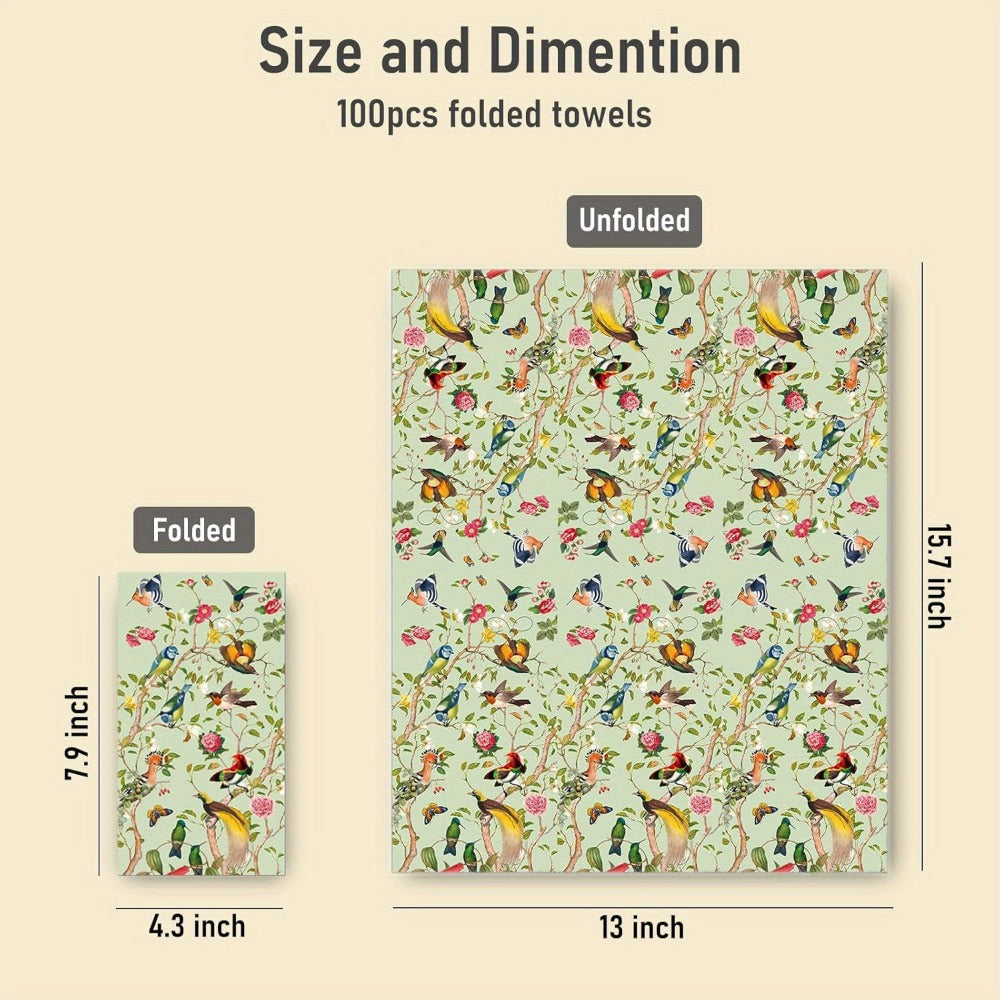 Vintage Floral Bird Watercolor Paper Napkins 100 Pcs – Decorative Disposable Guest Hand Towels for Bathroom, Wedding, Bridal 