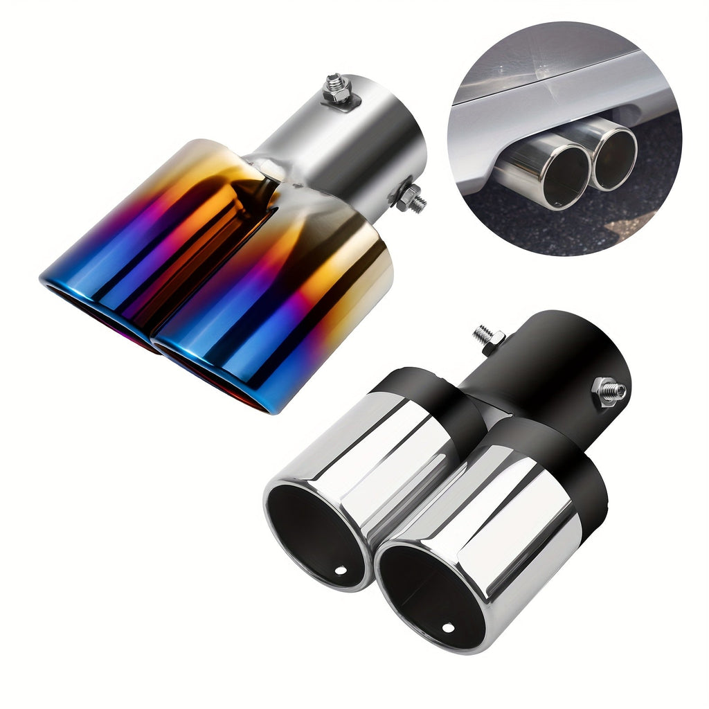 Dual Exhaust Tip 2.5" Inlet Stainless Steel Double Outlet Car Muffler Tailpipe Tip – Bolt-On Curved Bevel Port, Black & Blue 