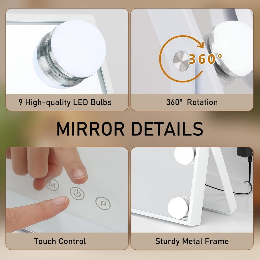 Makeup Mirror with Nine Bulb-Style LEDs, Three Light Colors, Touch Memory, 360° Rotation and Optional 5X Mirror — image 6