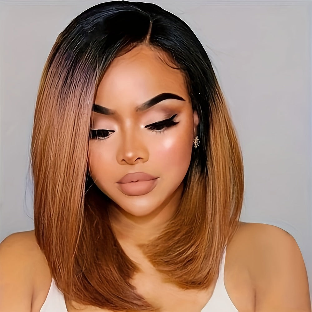 Synthetic Wig 13x2 U-Part Lace Front Straight Bob, 12-Inch Ombre Black-Brown for Daily Styling — image 2
