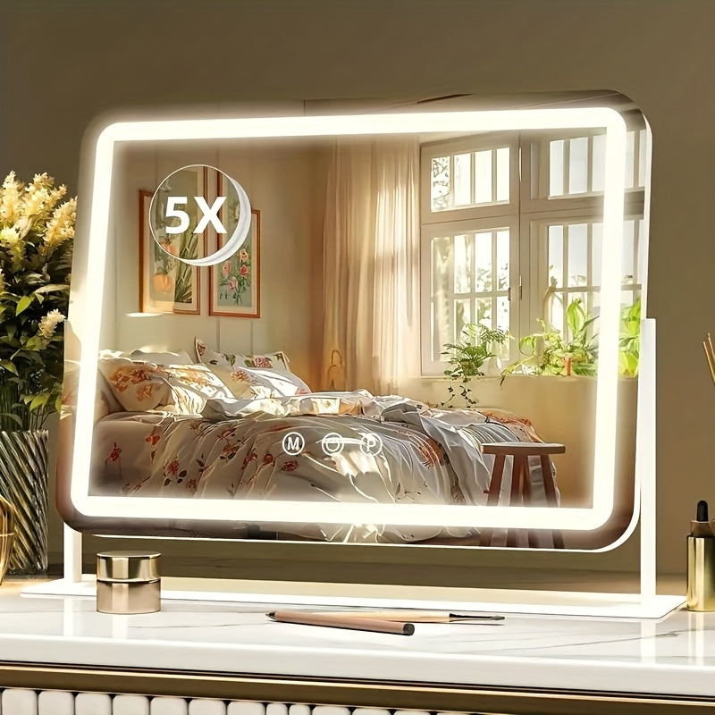 LED Vanity Mirror, Rectangular Tabletop Makeup Mirror with Touch Dimming and Three Light Colors on a Rotating Stand — image 1