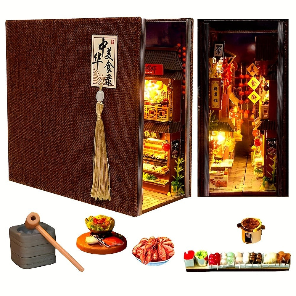 Book Nook Kit Chinese Food Street Miniature Dollhouse 3D Wooden Puzzle Bookshelf Insert DIY Model Building Set for Adults Tee
