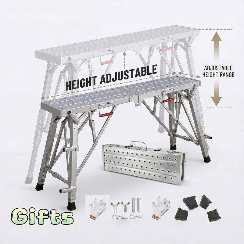 Aluminum Work Platform Height Adjustable Folding Portable Scaffold Bench Wide Base Safety Railing for Garden, Patio and Yard 