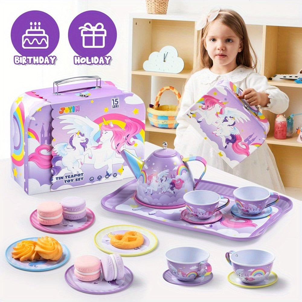 Purple Unicorn Tin Tea Set in Carry Case with Teapot, Four Cups, Four Saucers and Five Plates — image 12