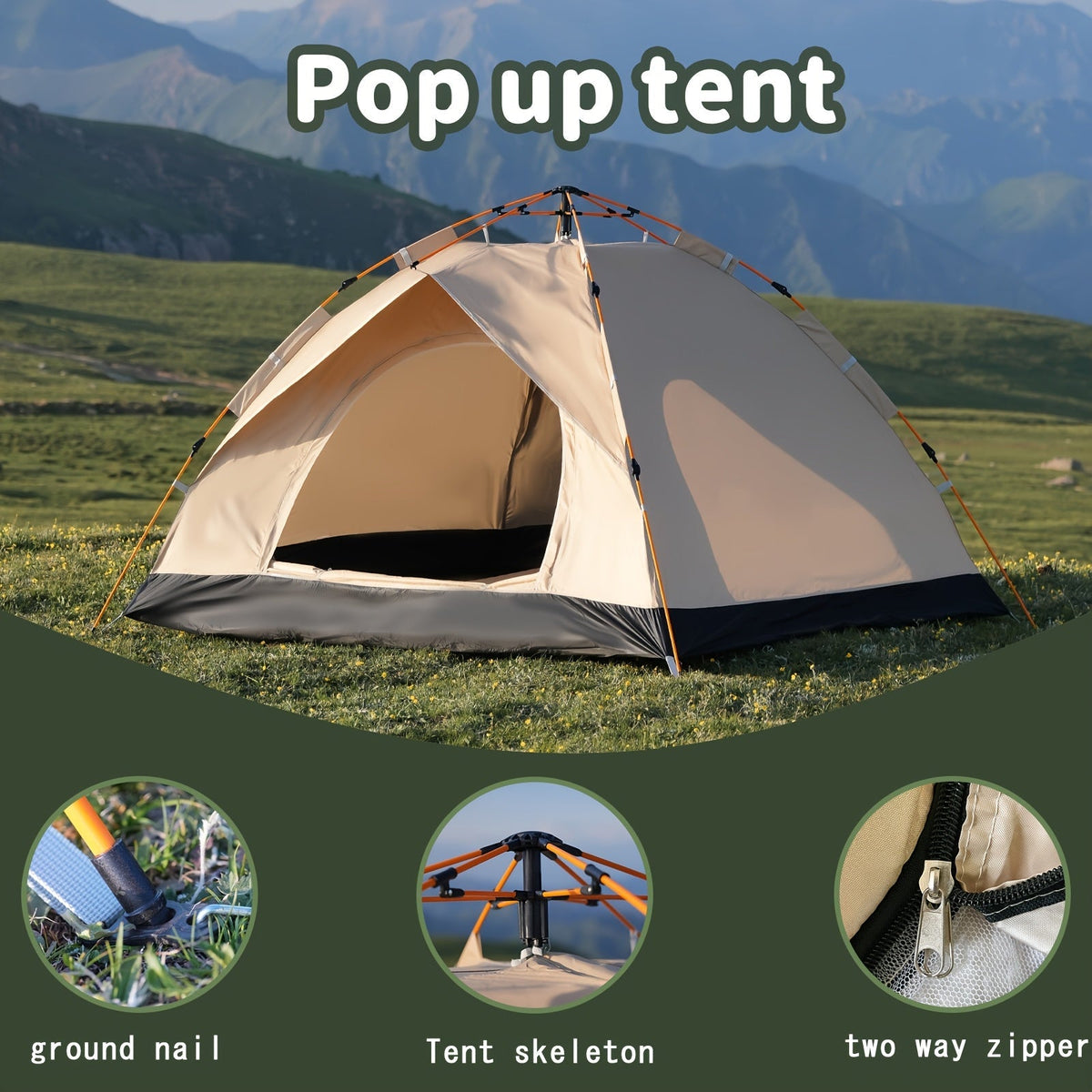 Camping Tent 4-Person Polyamide Pop-Up with Two Doors, Optional Windows and Small or Large Sizes — image 3