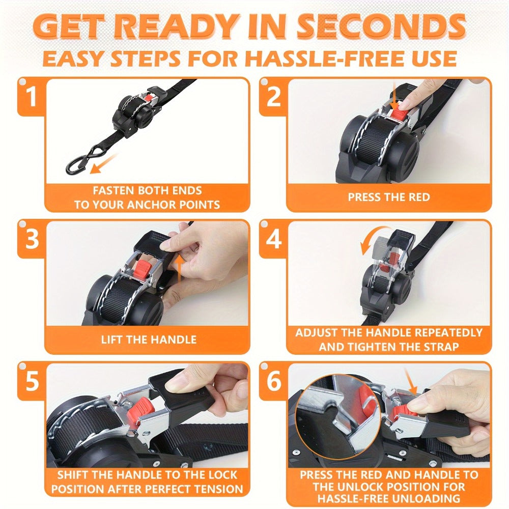 Ratchet Tie-Down Straps with Auto-Retract & Speed Control – Heavy-Duty Cargo Securing Kit with Hooks & Storage Bag | Motorcyc