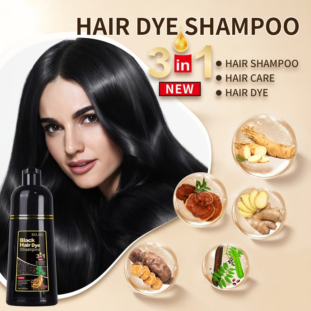 Grey Hair Dye Shampoo 3-in-1 Natural Plant-Based Herbal Formula – Non-Stick Scalp, Covers White Hair in Minutes, 500ml – Blac