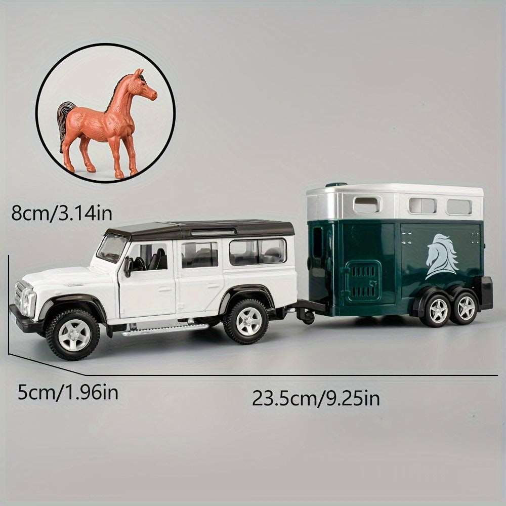 RMZCity 1:36 Scale Zinc Alloy Pull Back Car with Horse Trailer & Horse Vehicle, Openable Doors Diecast Toy Set for Kids & Adu