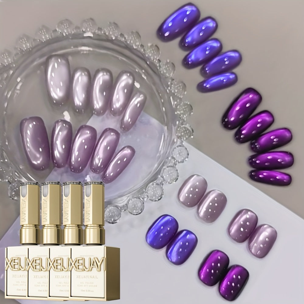 Gel Nail Polish Set with XEIJAYI Label, 4 Purple Iridescent Cat Eye Colors and M130 Gel Shade — image 6