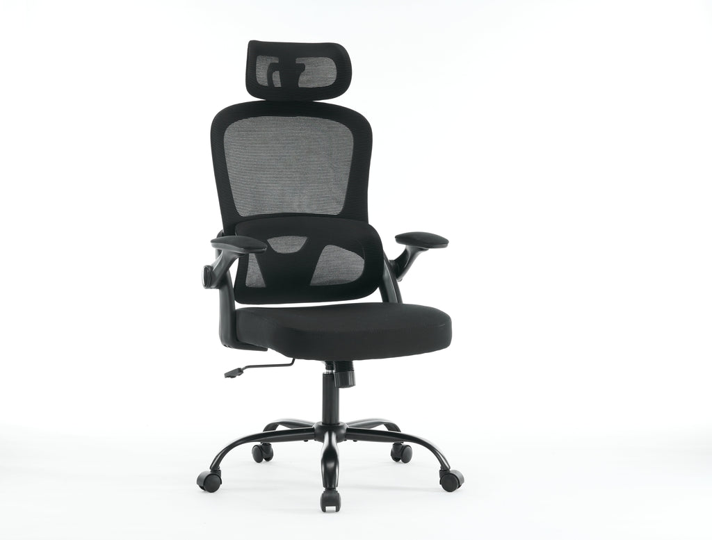 High backrest mesh office chair with 3D armrests, rotating computer task chair with adjustable 2D headrest, tilt function black - V.I.P Digital Presence