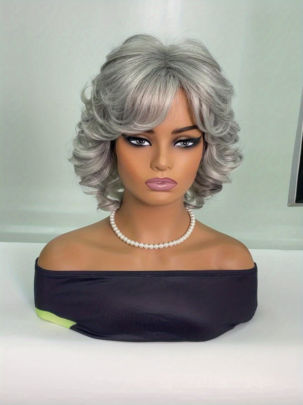 Synthetic Wig 12-Inch Silver Grey Short Curls with Bangs and Adjustable Rose Net Cap for Cosplay Looks — image 7