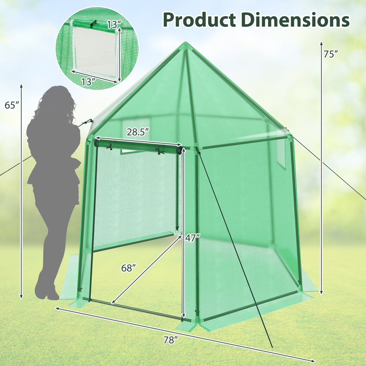 Walk-In Greenhouse All-Weather PE Cover & Frame, Zippered Door Vent Windows, Outdoor Plant Shelter for Garden Yard Balcony — 