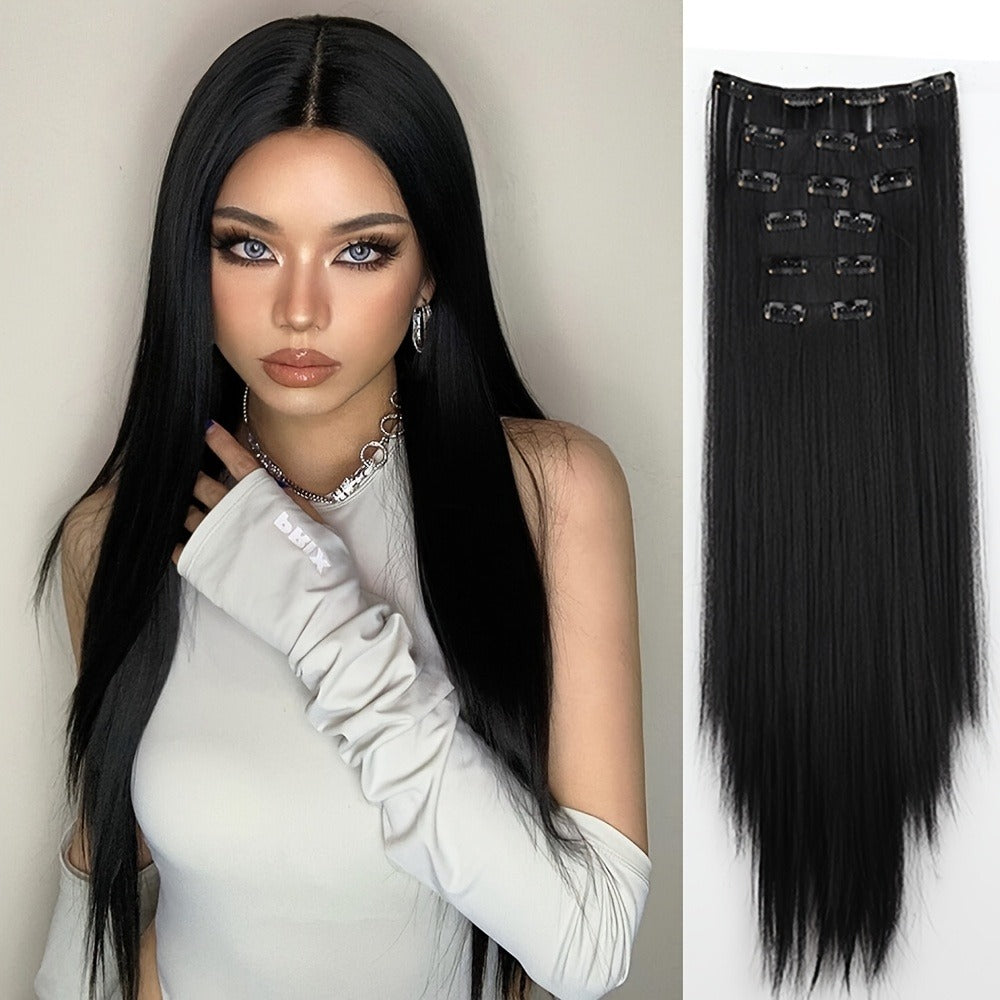 Hair Extensions Straight 24-Inch Synthetic Clip-In Set with Six Wefts in Black or Space Gray — image 4
