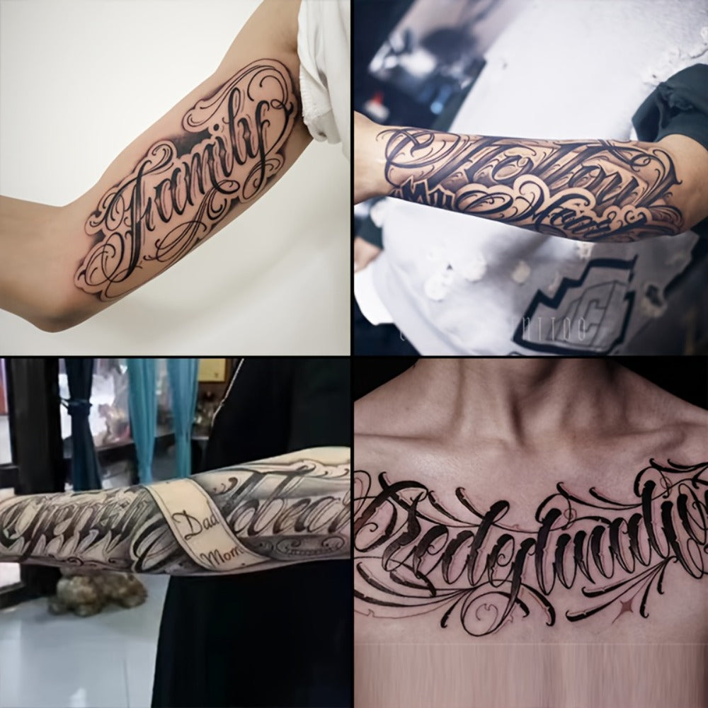 Temporary Tattoos, 4-Sheet English Word and Letter Set with Black Script Designs for Arm and Body Placement — image 1