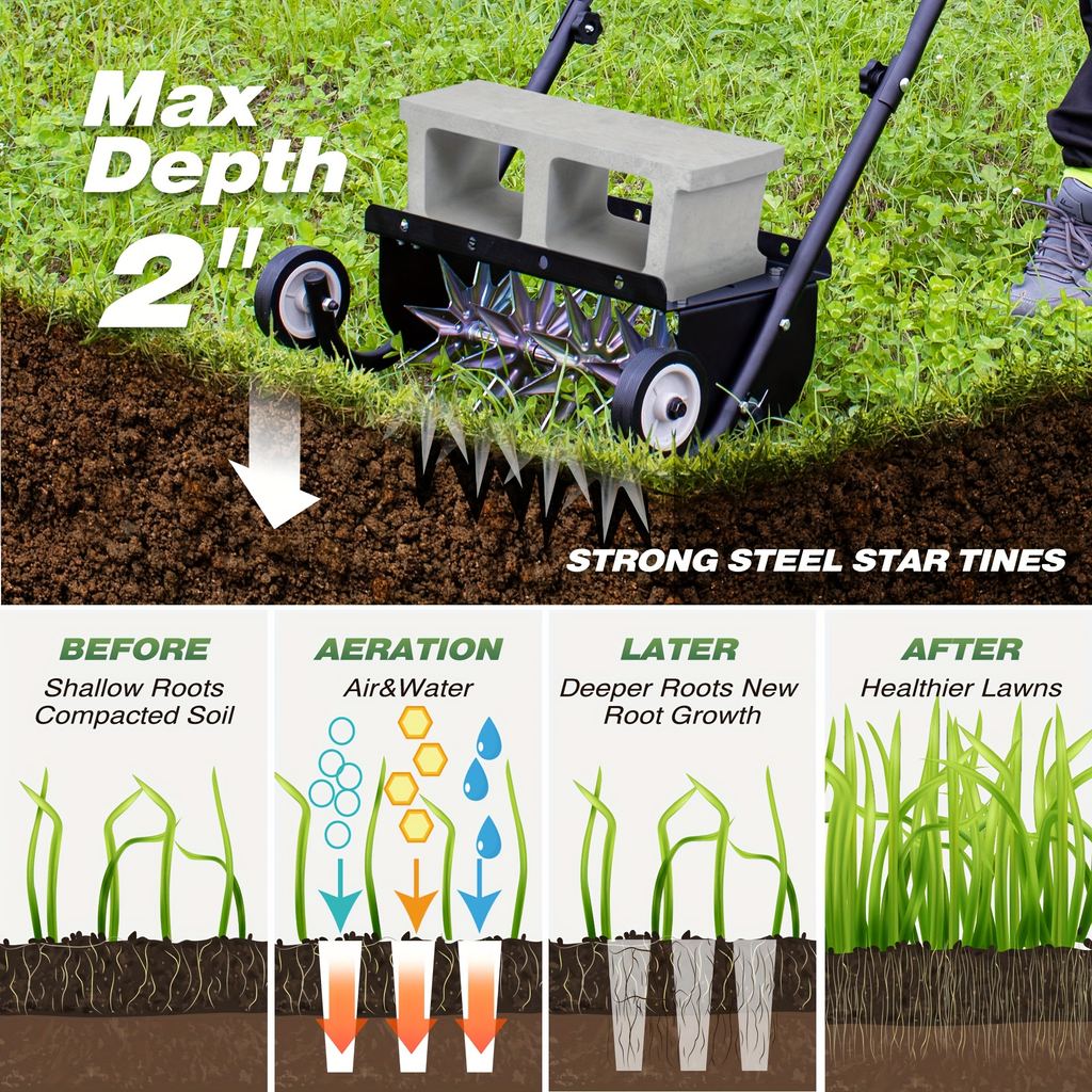 Rolling Lawn Aerator Push Spike 16.5" with 5-Star Steel Tines, Weight Tray & Steel Handle for Deep Soil Aeration — image 9