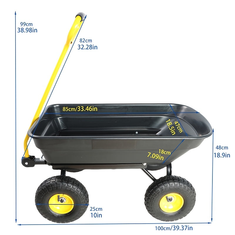Garden Dump Cart 4-Wheel Steel Frame Poly Bed Quick-Release Dump Feature Foldable D-Handle Yard Wagon for Landscaping Lawn — 