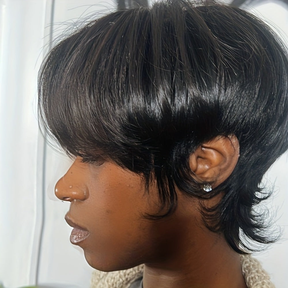 Wig Short Curly Wavy Pixie Bob in Natural Black, 6-Inch Human Hair with Bangs and Rose Net Cap — image 7
