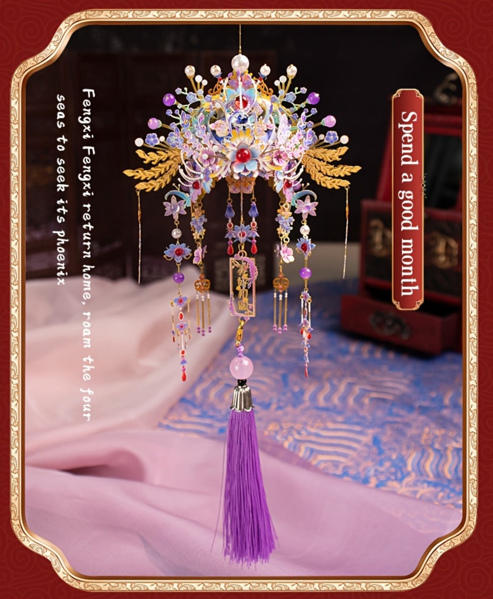 3D Metal Puzzle Phoenix Crown Qingluan – Blue & Gold DIY Assembly with Beads & Tassels, Chinese Mythology Art Collectible — i