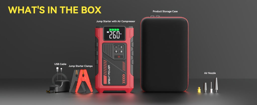 12V Jump Starter with 4000A Marking, 150 PSI-Labeled Air Compressor, Digital Pressure Display and Two Black Color Options — i