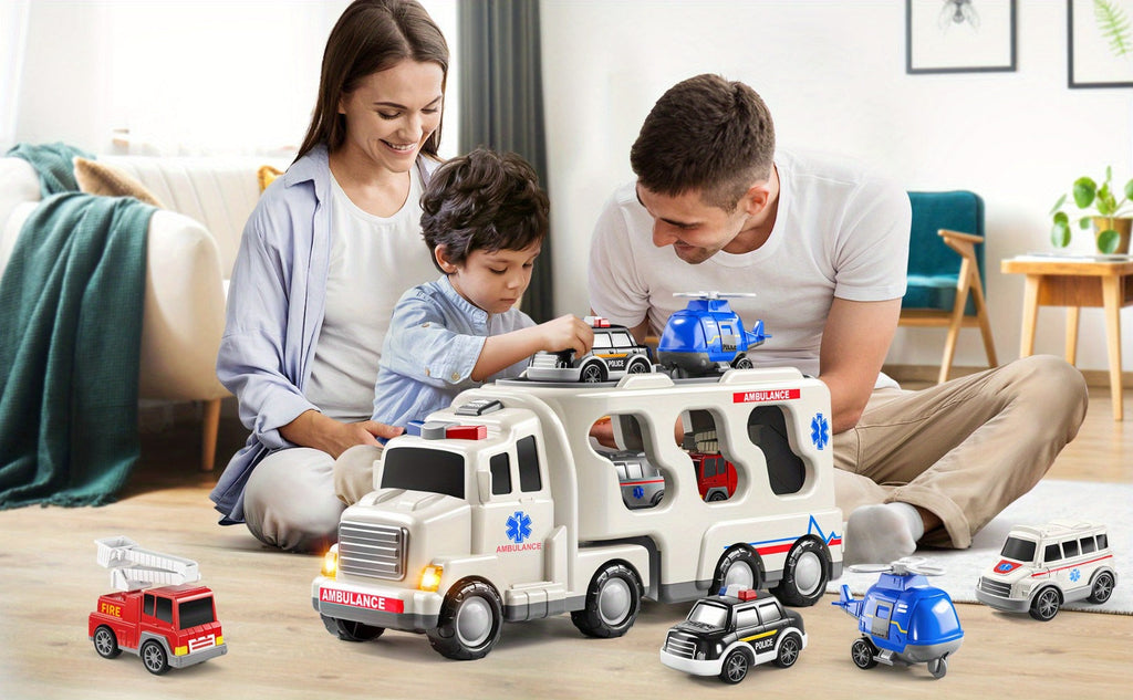 Ambulance Truck Toy 5-in-1 Carrier Set with Lights & Sounds, Friction Power Emergency Vehicle Playset for Kids Boys Ages 3+ —
