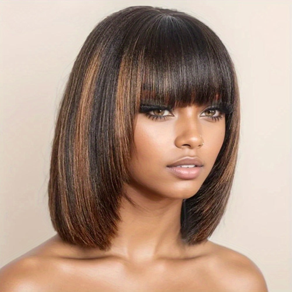 Straight Bob Wig with Bangs Human Hair 3x1 Lace Part Pre-Plucked Glueless Brazilian Short Bob 150 Density 1B/30 Highlight Nat
