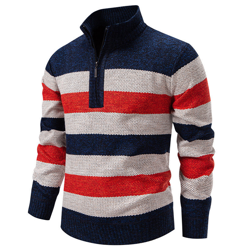 Mens Color-Block Stand-Up Collar Half-Zip Fleece-Lined Thermal Sweater