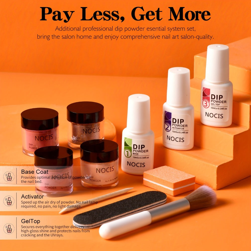 Dip Powder Nail Kit with NOCIS Label, Four Brown Nude Burgundy Glitter Powders, Three 10ml Liquids and Tools — image 2