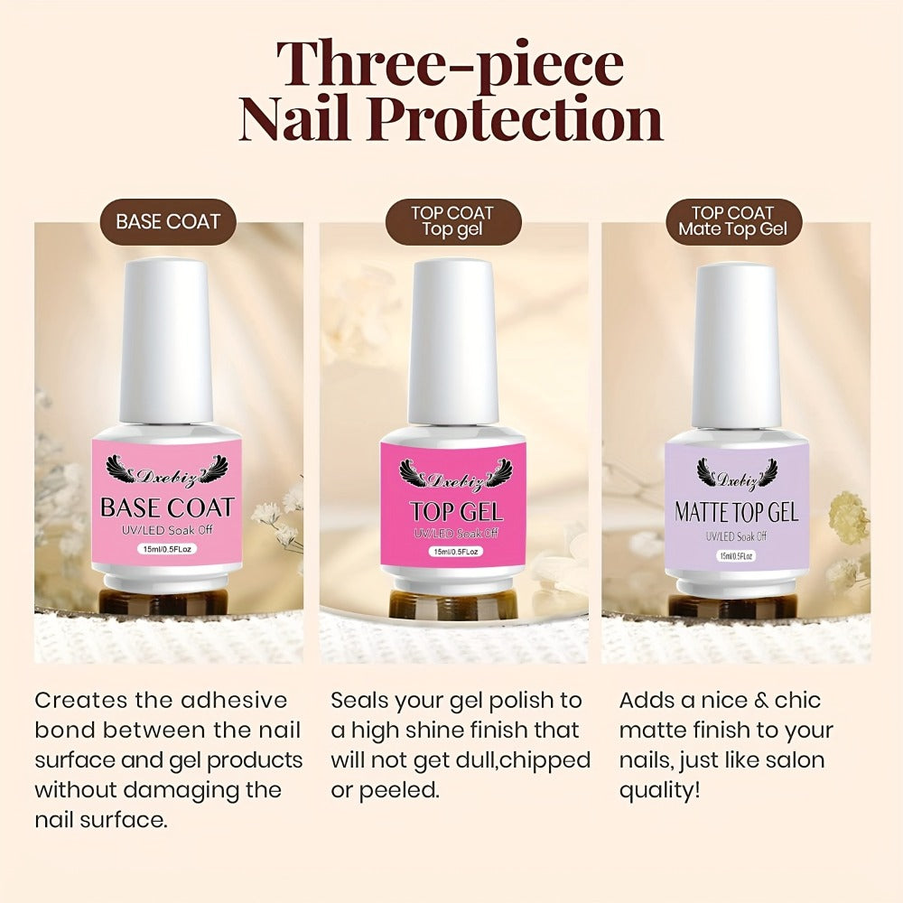 Gel Nail Polish 3-Piece Base and Top Coat Kit with No-Wipe Glossy, Matte and Base Gel for UV/LED Soak-Off Manicures — image 4