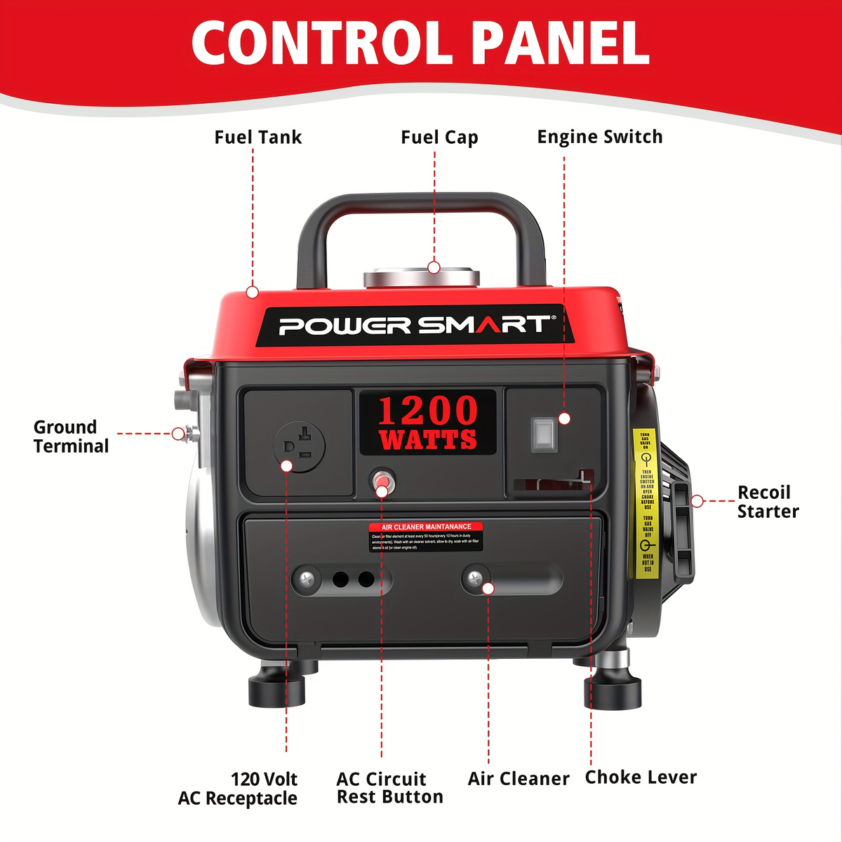 Portable Generator 1200W 2-Stroke Low Noise - Compact Gas Powered Generator for Camping, Job Sites — image 6