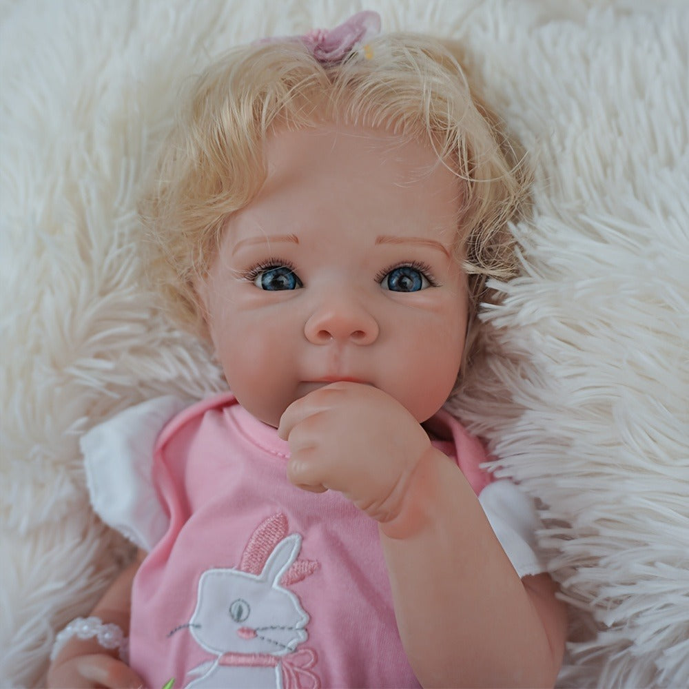 Reborn Baby Doll 16-Inch Cloth Body with Rooted Blonde Hair, Open Eyes, Pink Romper and Pacifier Set — image 8
