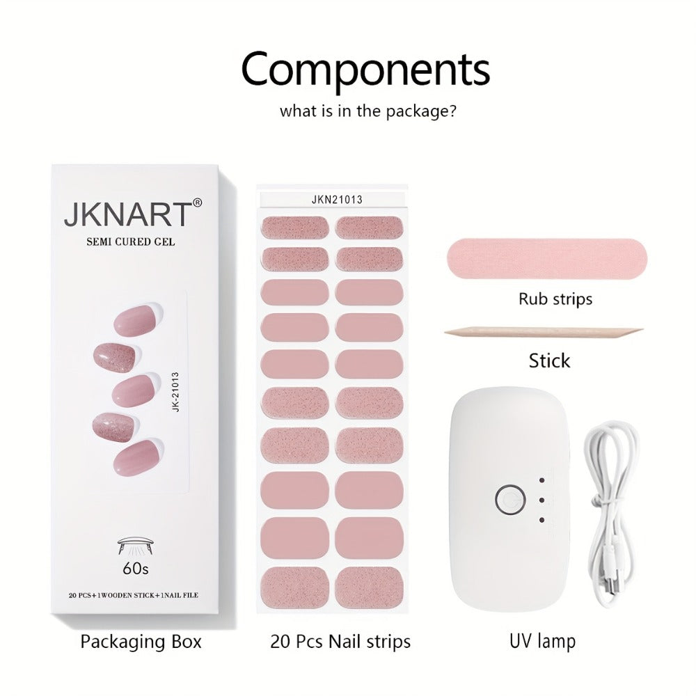 Gel Nail Art Kit Semi-Cured Nail Stickers 20 Designs with Portable UV Lamp Full Coverage Soft Gel Nail Patches Nude Nail Wrap