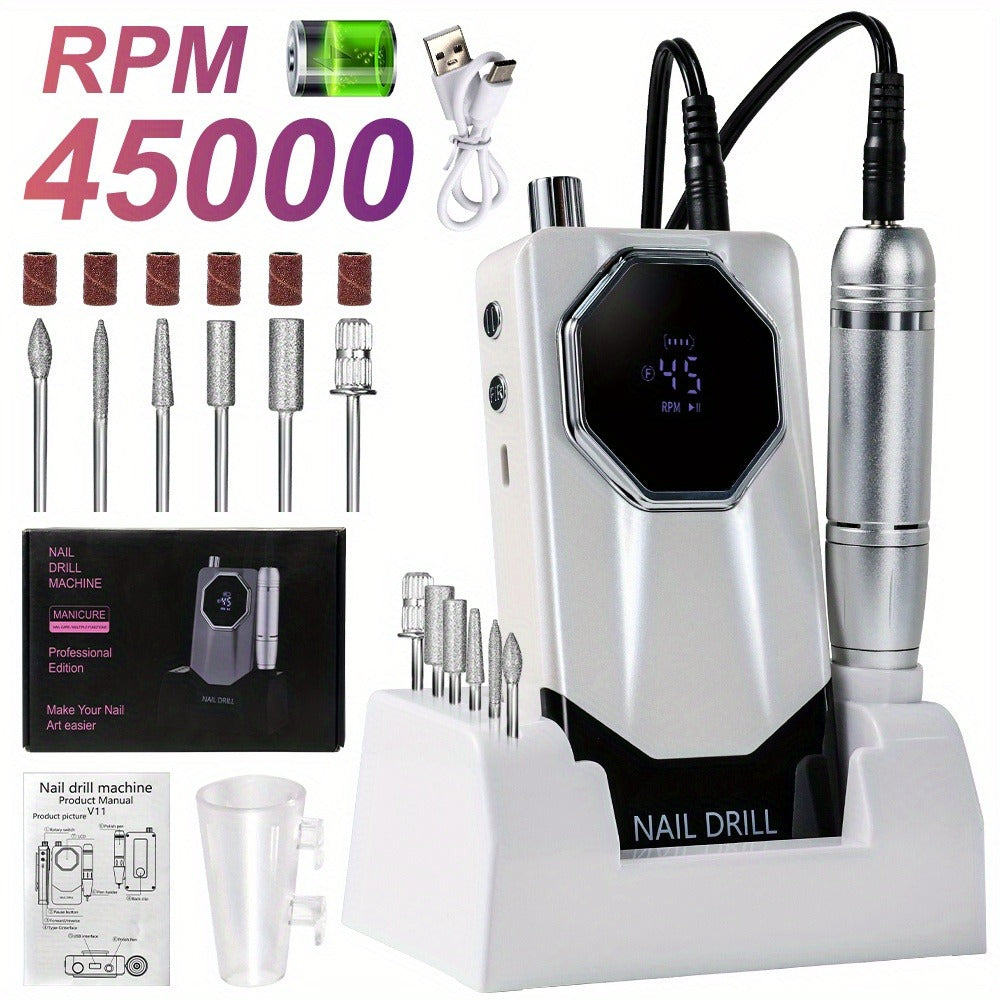 Electric Nail Drill 45000 RPM USB Rechargeable Kit with LCD, Forward Reverse and Three Finishes — image 7