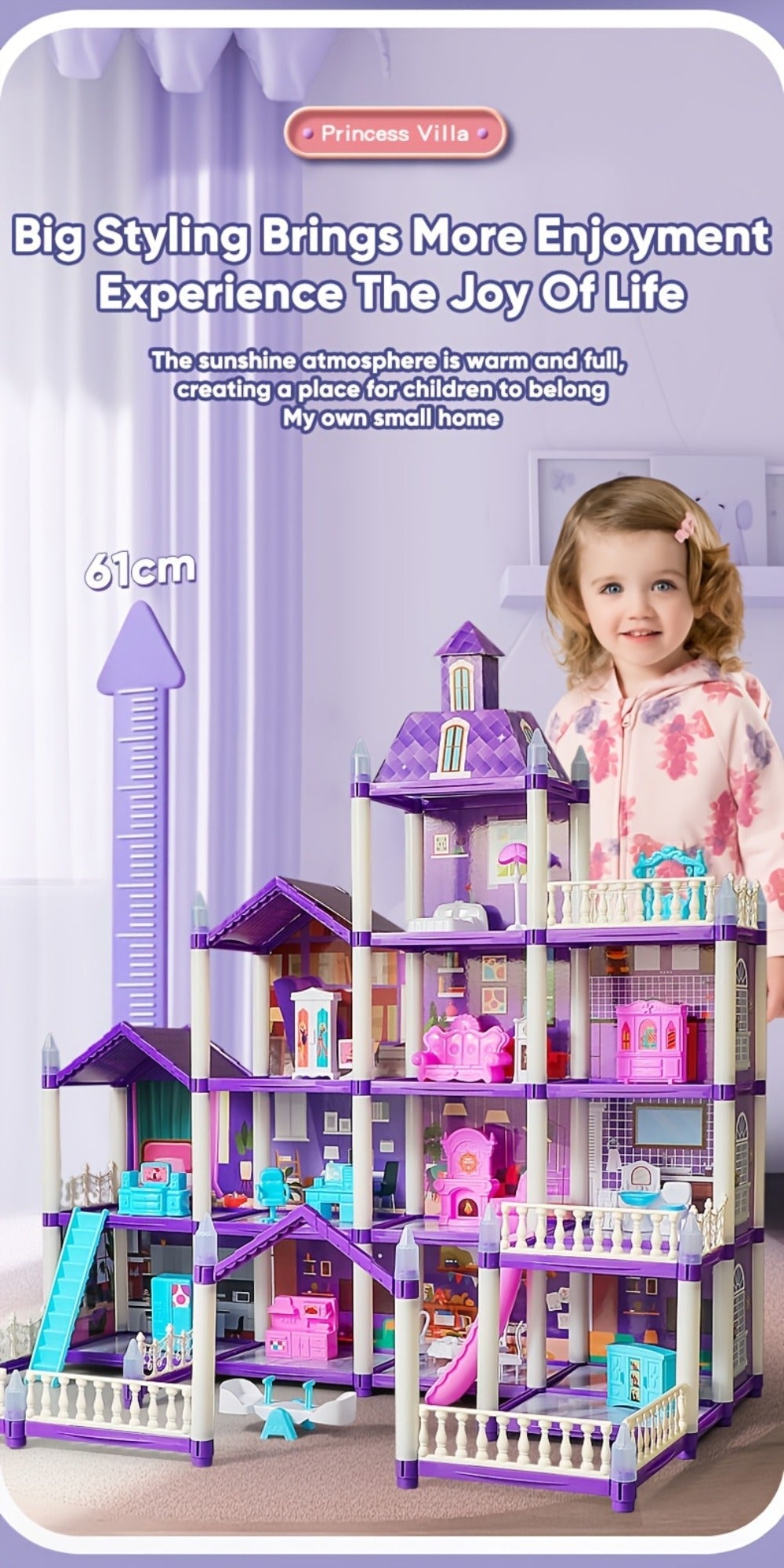LED Dollhouse Playset for Girls, Purple Multi-Room Playhouse with Doll Figures, Puppies, Furniture & LED Lighting — image 18