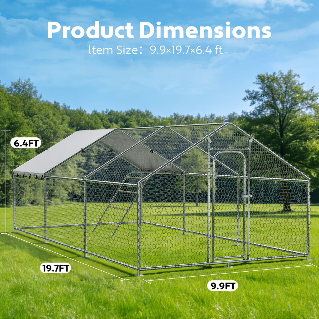 Dog Kennel Outdoor Large Metal Walk-in Chicken Run Pen Poultry Cage with Anti-UV Cover Movable Rack for Garden, Patio and Yar