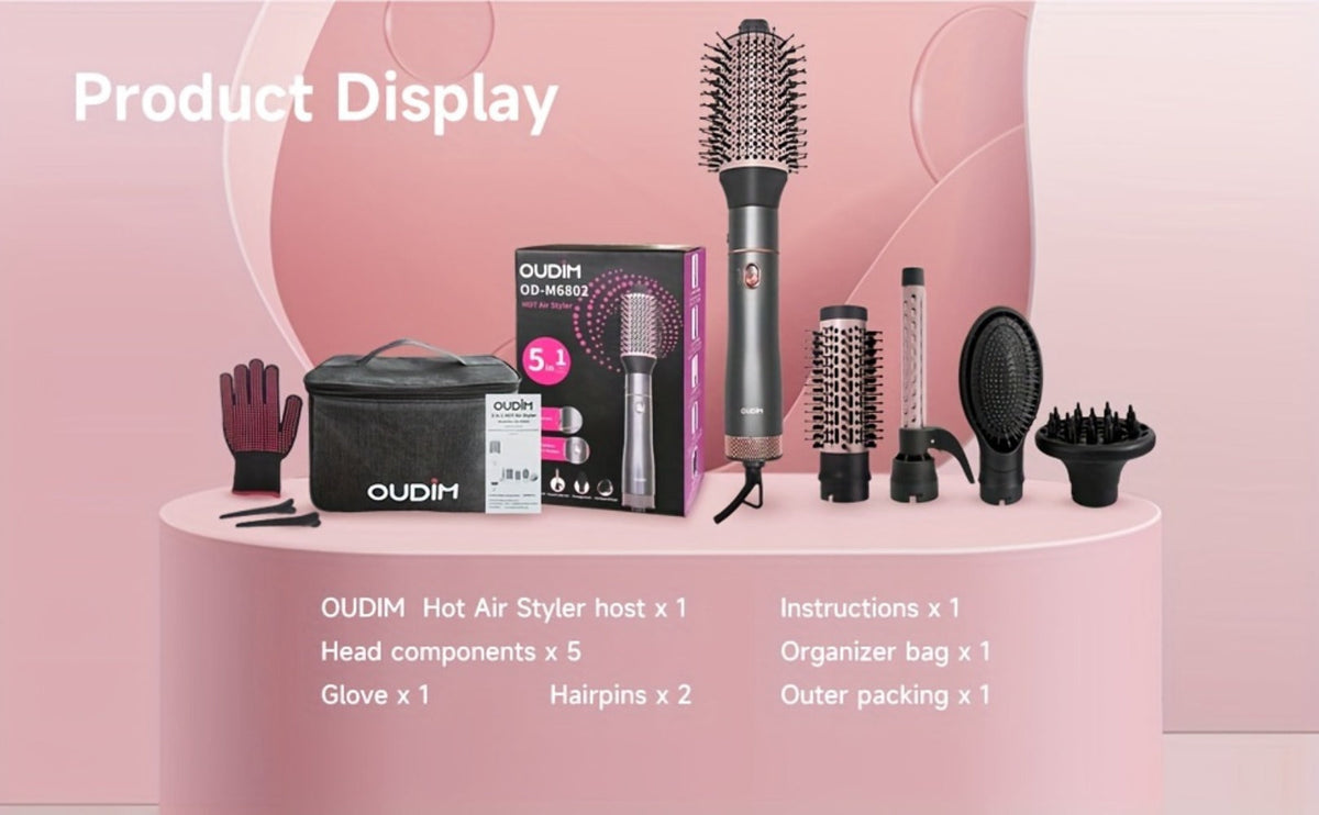 5-in-1 Hot Air Styling Comb Set Negative Ion Hair Dryer Brush with 5 Interchangeable Heads, for Home, Travel and Salon Hair S