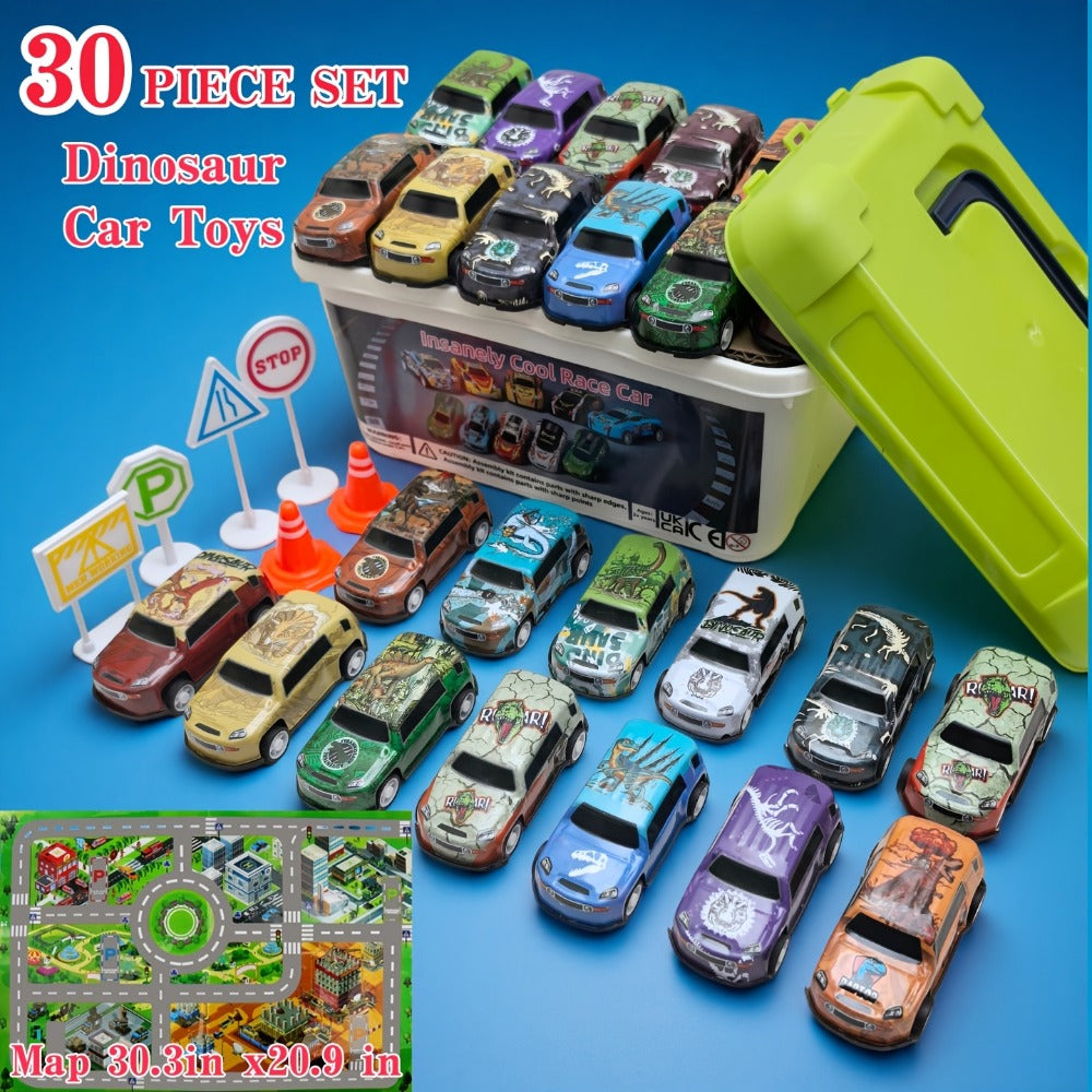 Dinosaur Toy Car Set 29-30pcs, Mini Pull Back Racing Cars with T-Rex Spinosaurus Pterodactyl Figures & City Traffic Map — ima