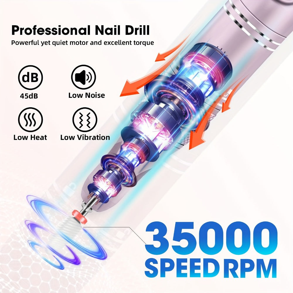 Cordless Nail Drill Kit 35000RPM Rechargeable Wireless Electric E-File, 108 Bits Professional Nail Drill — image 2