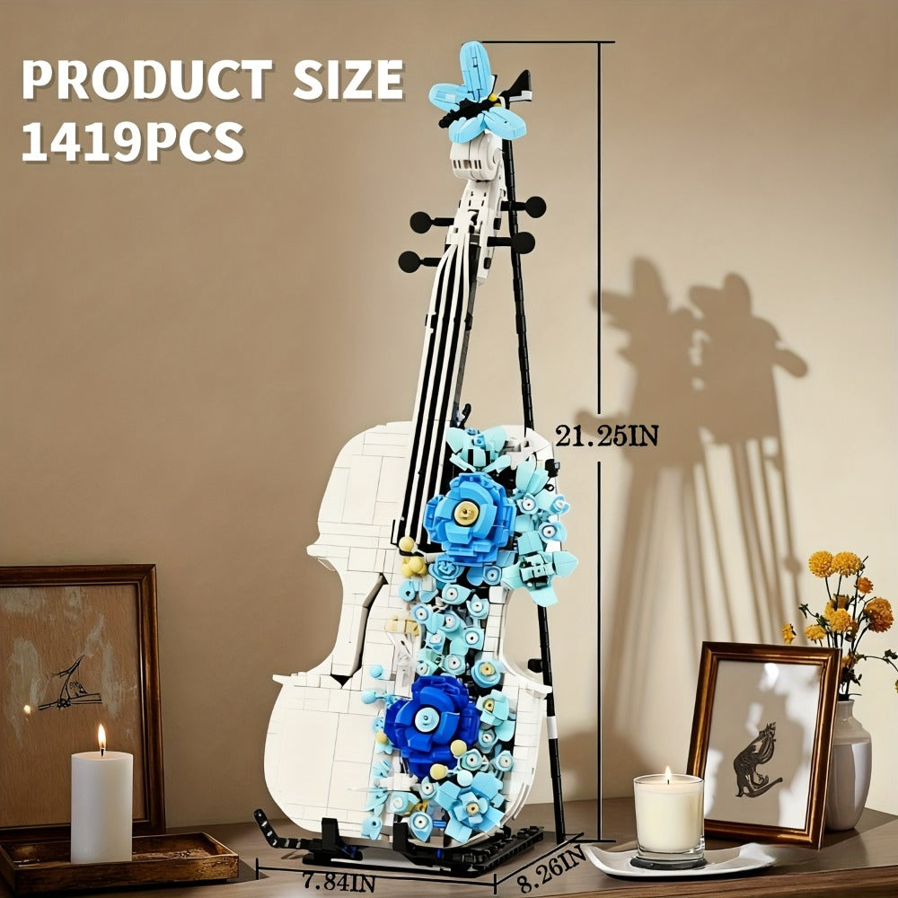 1419-Piece Flower Violin Building Block Model with Brick-Built Stand, Blue Blooms and Panel Detail — image 10