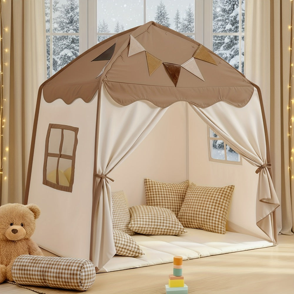 Kids Play Tent with Star Lights & Flags, Extra Large Indoor Outdoor Playhouse with Windows for Reading & Pretend Play — image