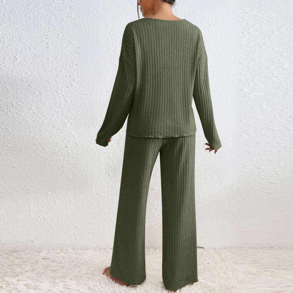 Long Sleeve V-neck Knitted Sunken Stripe Brushed Loose Leisure Suit