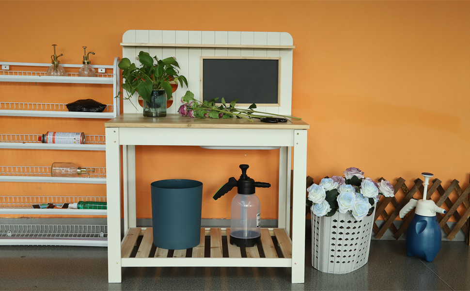 Potting Bench with Blackboard Removable Sink Hooks Double Shelf for Garden — image 32