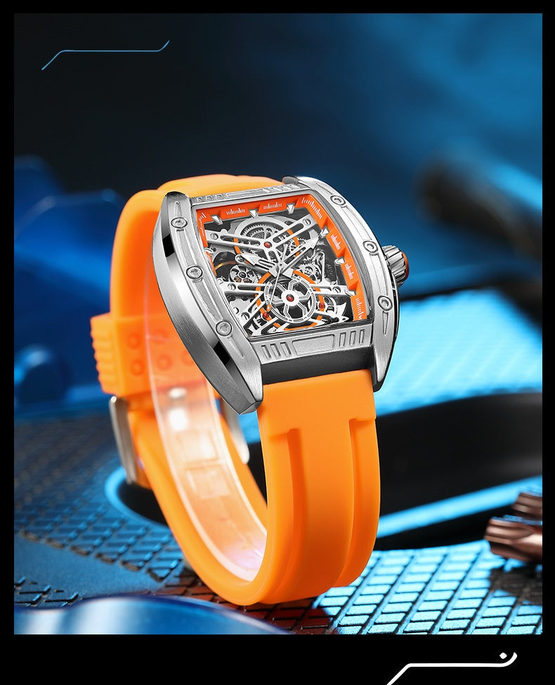 Men's Wine Barrel Type Mechanical Watch Silicone Tape