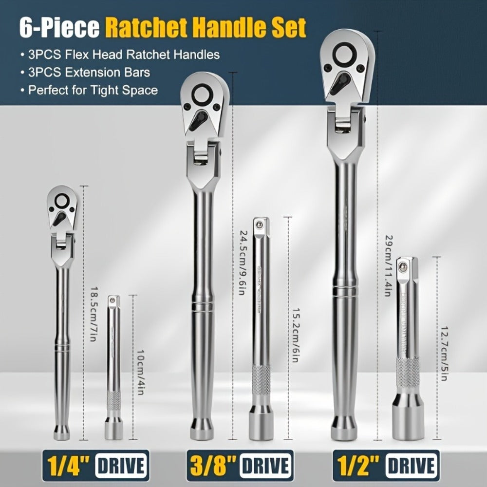 6-Piece Ratchet Wrench Set 1/4" 3/8" 1/2" Drive – Rotating Head Ratchet with Extension Bar, Chrome-Plated Stainless Steel — i