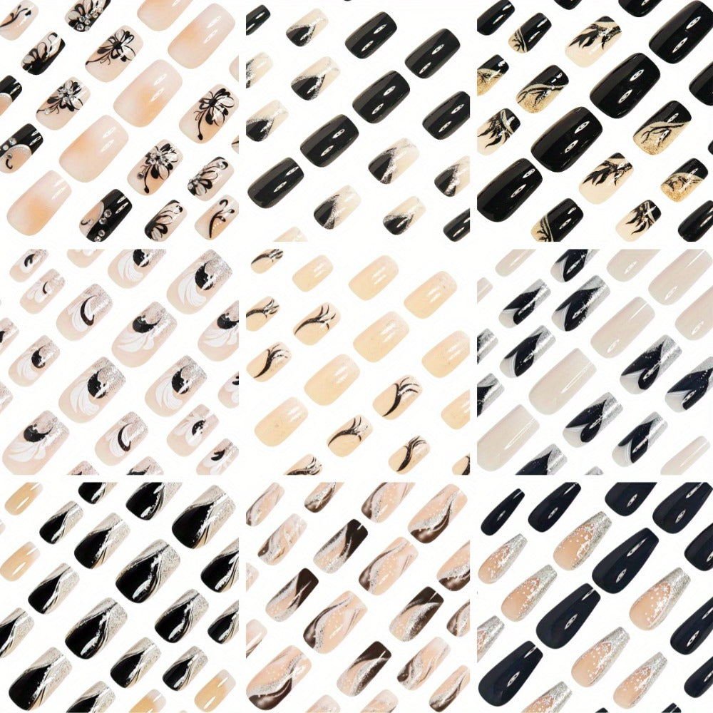 Press On Nails 216-Piece Medium Square Black White 3D Butterfly Marble Set with Jelly Glue and File — image 5
