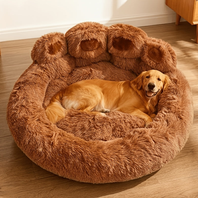 Bear-Paw Round Plush Pet Bed in Coffee, Pink or Gray with Four Weight-Labeled Size Options — image 1