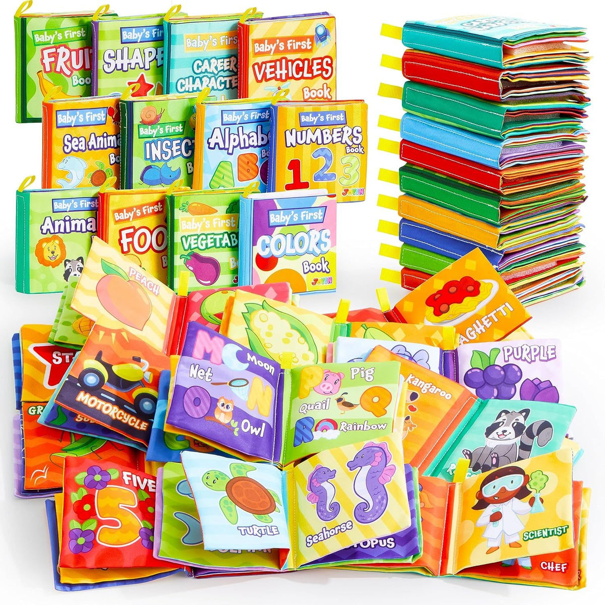 Baby Cloth Books Set of 12, Crinkle Fabric Bath & Sensory Books for Infants & Toddlers, Touch-and-Feel Early Learning First B