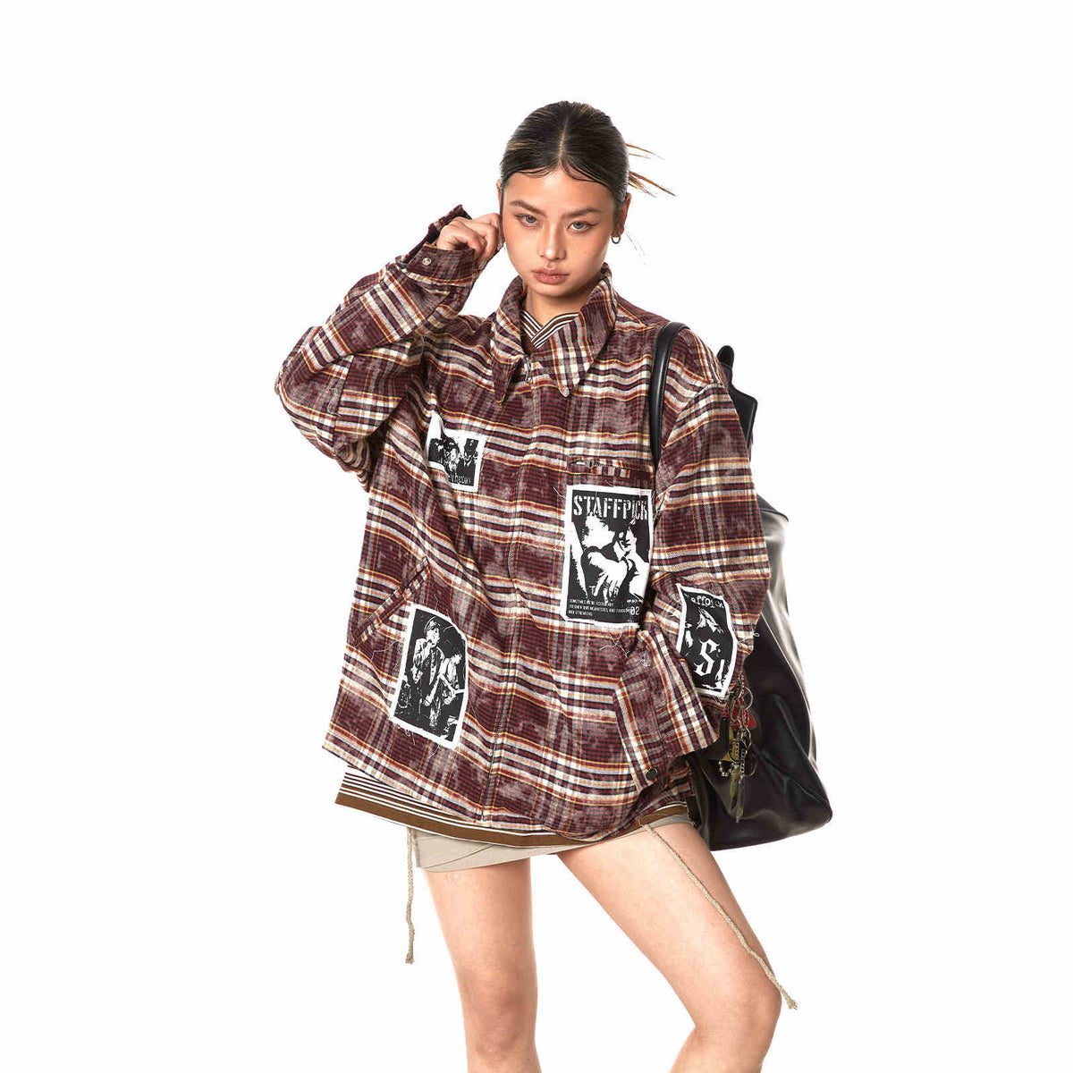 Retro Illustration Plaid Patch Jacket For Women Baggy Coat
