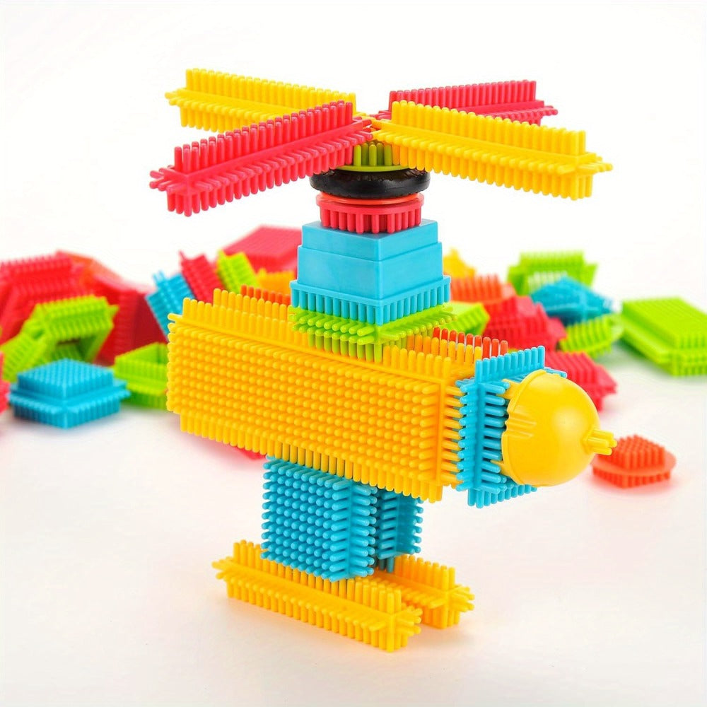 Building Block Set Bristle Construction Pieces, 150-Piece Colorful Interlocking Shapes with Storage Tub — image 17